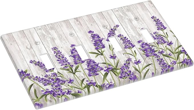 Purple Lavender Rustic Wooden Flowers Floral Plant Light Switch Covers Quad Toggle Electrical Faceplate 4 Gang Wall Plate Decorative Switch Plates Cover for Farmhouse Living Room Decor