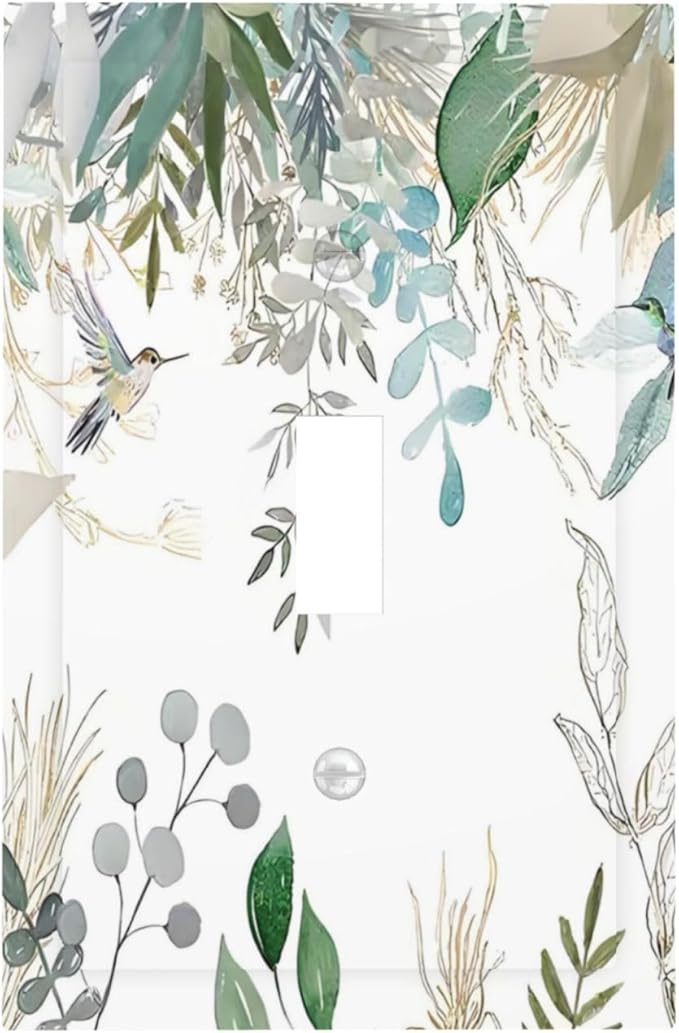 Green Tropical Palm Leaves Flower Plants Hummingbird Decorative Light Switch Cover 1 Gang Single Toggle Device Electrical Faceplate Switchplates Decorator Outlet Wall Plate for Bed Room Living Room