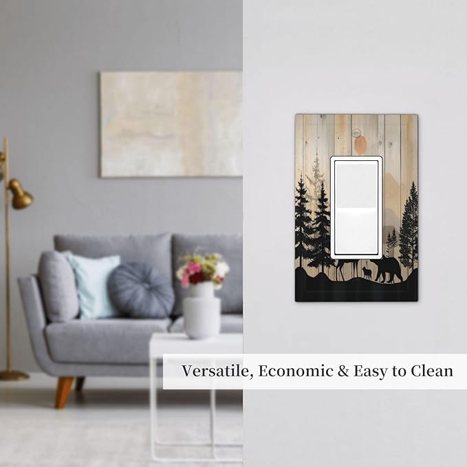 Decorative Outlet Covers Wood Board Wildlife Cute Bear Deer Forest Rustic 1 Gang Single Rocker Light Switch Cover Plate Wall Plates GFCI Faceplate for Bathroom Farmhouse Decor