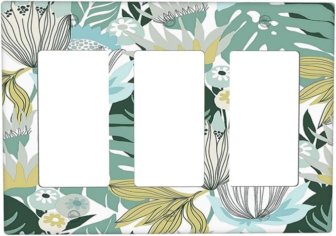Retro Tropical Leaves 3 Gang Wall Plate Triple Rocker Light Switch Cover Decorative Switch Plates Outlet Covers Electrical GFCI Faceplate for Bedroom Bathroom Kitchen Art Decor Accessories