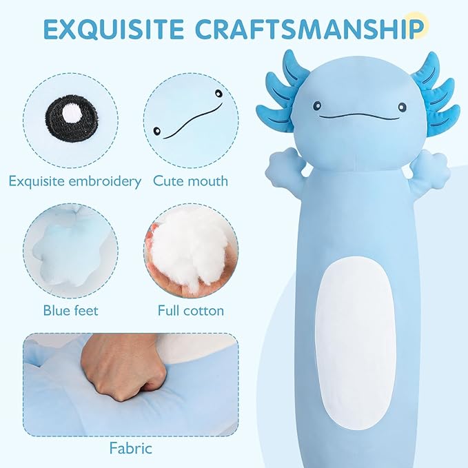 Dalmao 36 inch Cute Giant Blue Axolotl Plush Soft Body Pillow, Large Axolotl Stuffed Animals Toy, Squishy Plushies Gifts for Kids Boys Girls Birthday, Valentine's