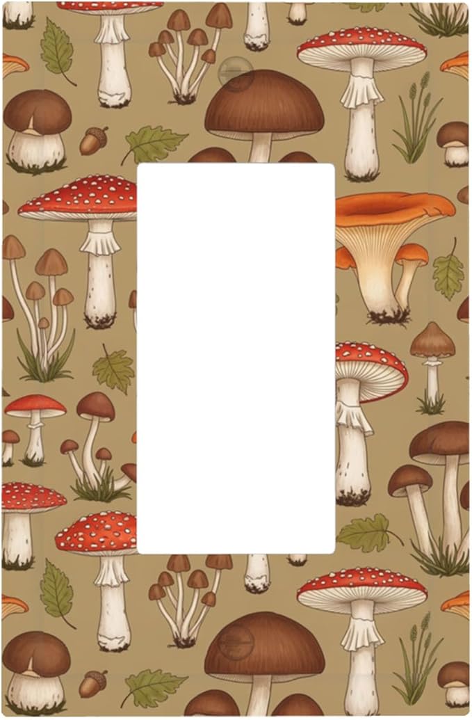 Whimsical Mycology Single Rocker Switch Cover - 1-Gang Standard US Size Vintage Mushroom Light Switch Covers, Woodland Medley for Farmhouse Home Decor