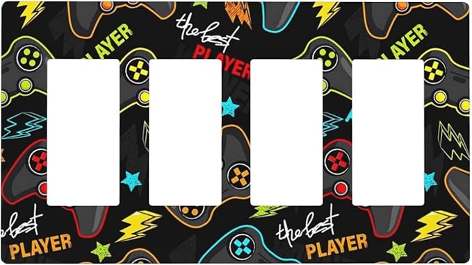 Kid Boys Gamer Gaming Game 4 Gang Quad Rocker Light Switch Cover Plate Decorative Electric Faceplate Switchplate Living Room Bedroom Decorate Jumbo Screwless