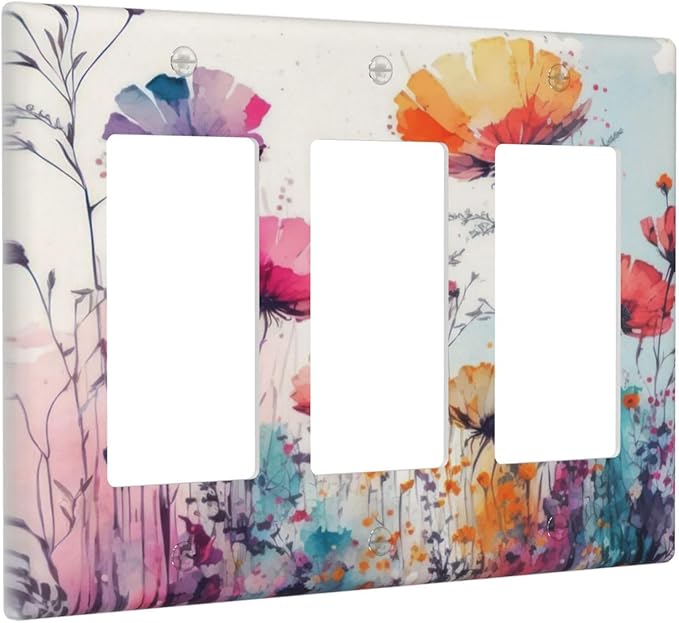 Triple Rocker Switch Cover Plates, Multicolor Floral Watercolor Flowers, GFCI Outlet Covers, Decorative Receptacle Cover for Bathroom, Home Decor