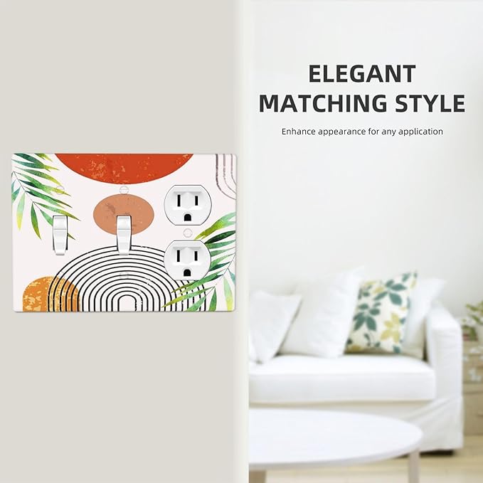 Beige Orange Boho Mid Century Abstract 3-Gang 2-Toggle 1-Duplex Receptacle Combination Light Switch Decorative Triple Combo Device Switches/Rocker Outlet Covers and Wall Plate