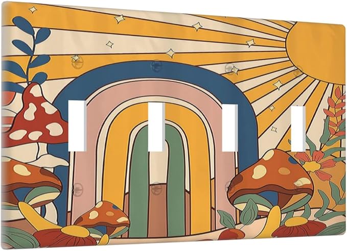 Light Switch Covers Mushroom Hippie Sun Rainbow Vintage Floral Funky Boho Quad Toggle 4 Gang Wall Plate Electrical Faceplate Decorative Switch Plates for Bedroom Kids room Decor
