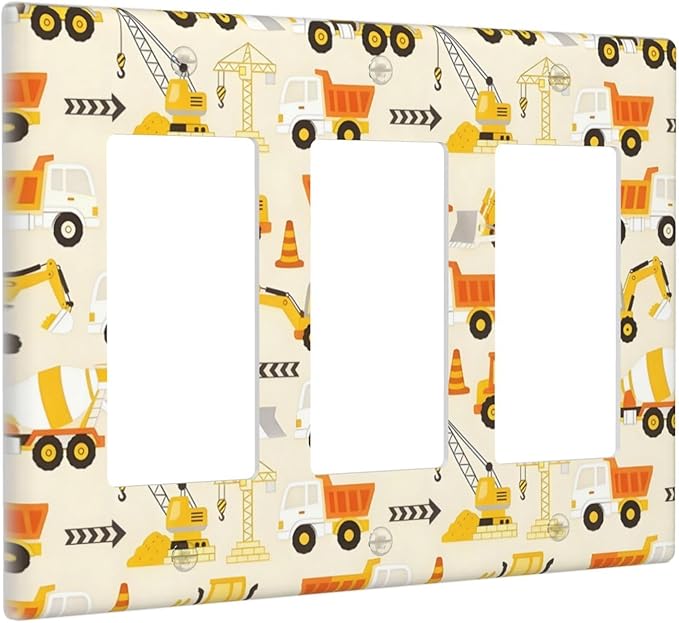 Decorative Outlet Covers Construction Vehicle Yellow Trucks Diggers 3 Gang Light Switch Cover Plate Triple Rocker Wall Plates for Electrical Outlets Switch Plate Covers for Home Decor