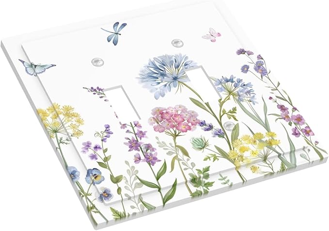 Colorful Wildflowers Dragonfly Lavender Butterfly Insect Decorative Switch Plates 2 Gang Double Toggle Outlet Light Switch Cover Wall Plate Electrical Faceplate for Bedroom Living Room Decor