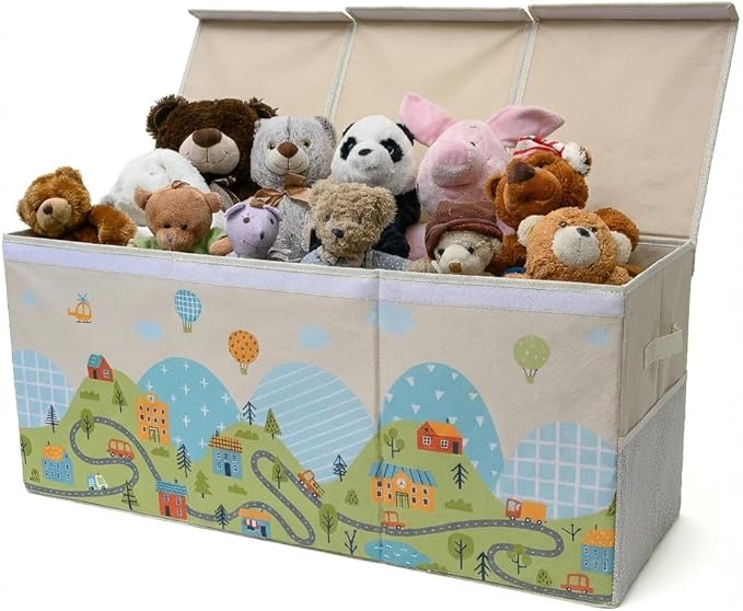 SoftOwl Extra Large Toy Storage Organizer with Lid - Sturdy, Collapsible Toy Chest Storage Box with Cute Design - Toys Bin with Dividers for Kids, Boys, Girls, Nursery, Bedroom, Play room 37"x16"x14"