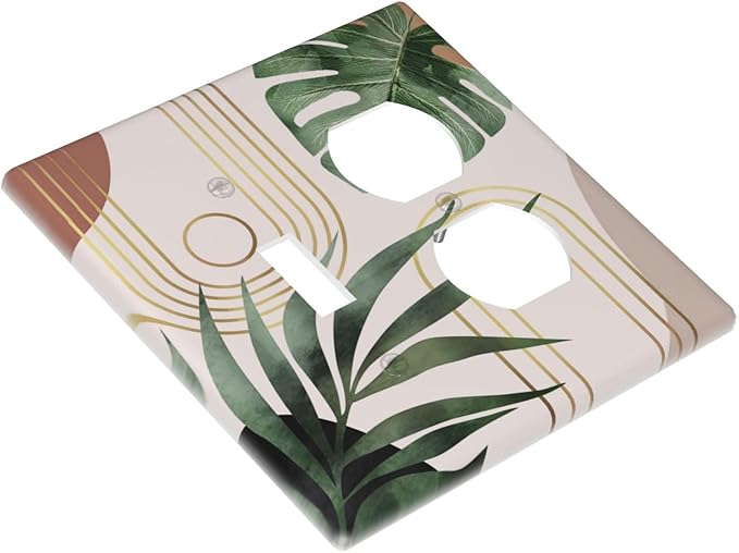 Tan Beige 70s Middle Mid Century Boho Art 2 Gang 1-Toggle/1-Duplex Combination Light Switch Cover Palm Leaf Aesthetics Sun Abstract Device Single Toggle Dual Receptacle Outlet Face Wall Plate Cover