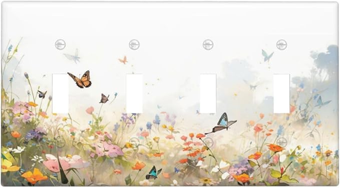 Wildflowers Watercolor Floral Colorful Butterfly Light Switch Covers Quad Toggle Electrical Faceplate 4 Gang Wall Plate Decorative Switch Plates for Farmhouse Bed Room Decor