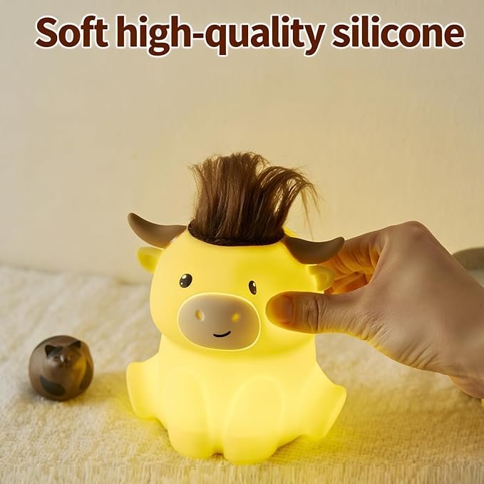 Cute Highland Cow Night Light, LED Squishy Night Lamp, 2 Levels Dimmable Timer Nursery Nightlight for Kids, Rechargeable Touch Lamp, Dorm Decor, Kids Funny Gifts (Highland Cow)
