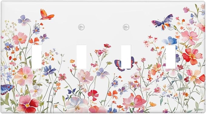 Colorful Flower Watercolor Floral Butterfly Bird Light Switch Covers Quad Toggle Electrical Faceplate 4 Gang Wall Plate Decorative Switch Plates Cover for Bedroom Living Room Decor