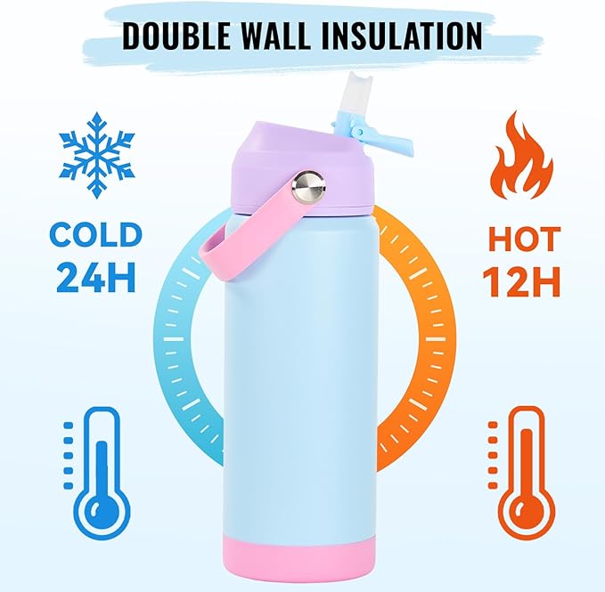 Fijinhom 18oz Insulated Stainless Steel Water Bottle, Wide Mouth Double Wall Vacuum, Silicone Straw, Sweat & Leak Proof, BPA Free Insulated Water Flask for Travel, Keep Cold 24h Hot 12h, Light Purple