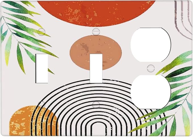 Beige Orange Boho Mid Century Abstract 3-Gang 2-Toggle 1-Duplex Receptacle Combination Light Switch Decorative Triple Combo Device Switches/Rocker Outlet Covers and Wall Plate