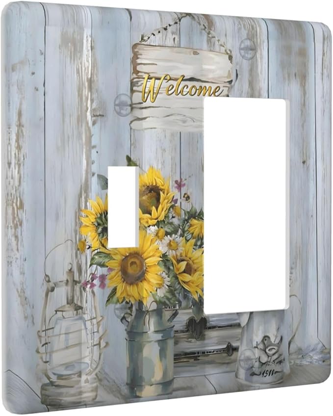 Rustic Sunflower Floral Vintage Wood Board Outlet Covers 1 Toggle 1 Rocker Combination Decorative Wall Plate Electrical Switch Plates Light Switch Cover Plate for Farmhouse Home Decor