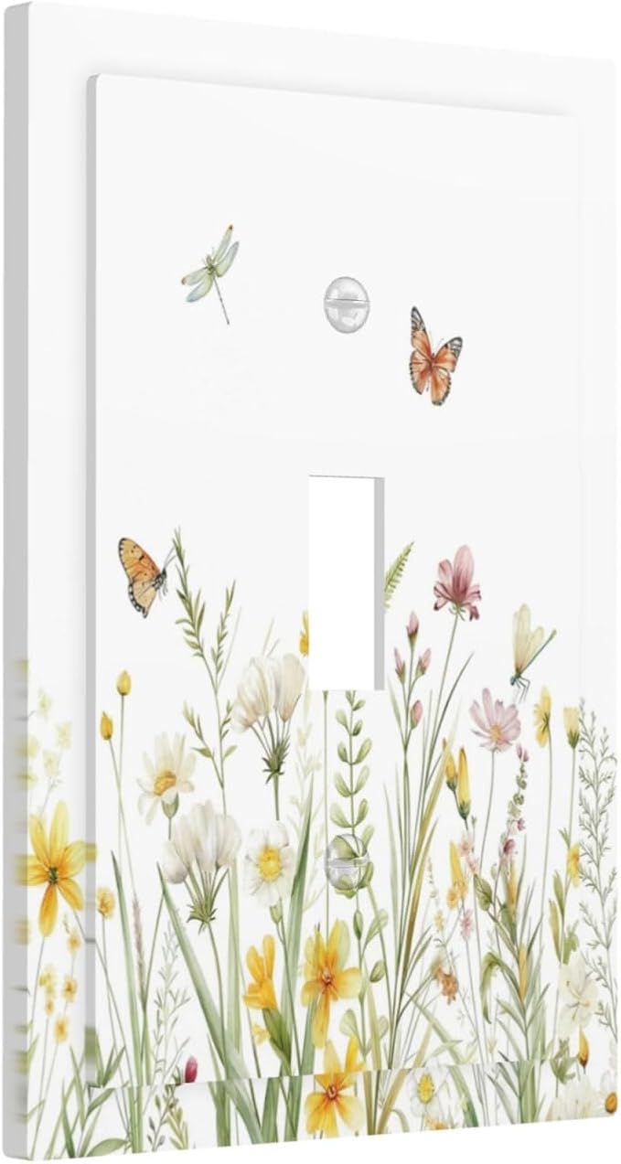 Colorful Wildflowers Dragonfly Butterfly Floral Decorative Light Switch Cover 1 Gang Single Toggle Device Electrical Faceplate Switchplates Decorator Outlet Wall Plate for Bedroom Living Room Decor