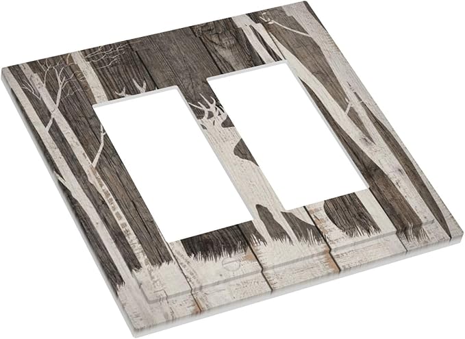Vintage Wood Forest Deer Wildlife Animal Silhouette Decorative Outlet Covers 2 Gang Double GFCI Rocker Electrical Wall Panels Light Switch Cover Plate for Farmhouse Home Decor