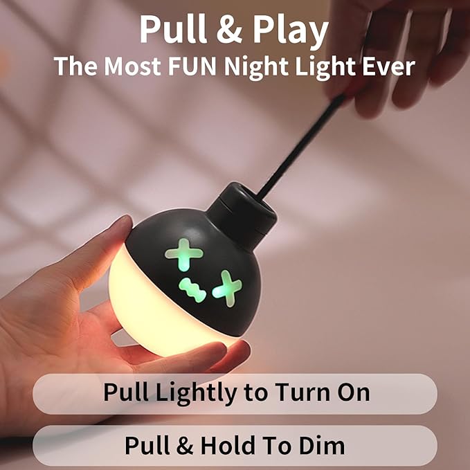Pull-String Cute Night Light, 7 Color Changing, 30-Min Auto Off, USB-C Rechargeable Cordless Portable Bomb Night Light for Kids Room Bedroom/Camping, Afraid of Dark Indoor Christmas Gift