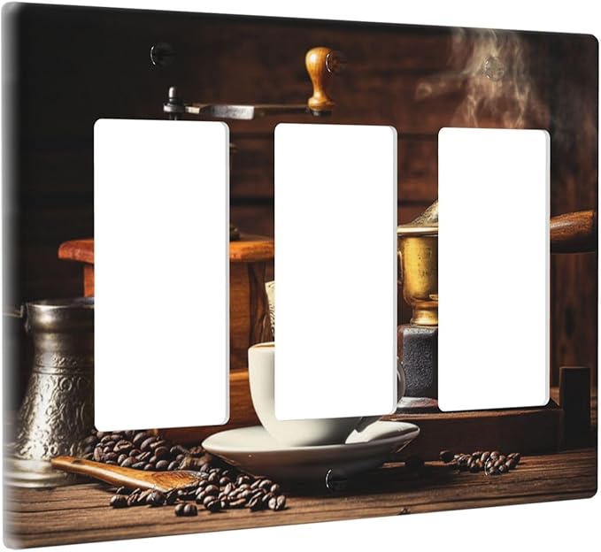 Decorative Light Switch Plate with Vintage Coffee Retro Grinder Artwork Design 3 Gang Outlet Covers Triple Rocker Wall Plate Switch Plate Cover for Rustic Kitchen Decor