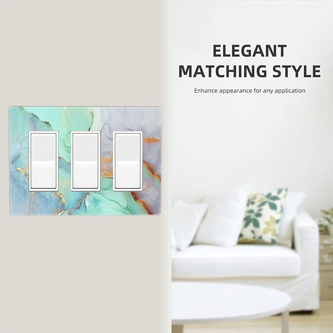 Teal Green Marble 3 Gang Triple Rocker/Decor Light Switch Wall Plate Cover Decorative Electrical Faceplate for Kids Living Room Bedroom Decor Screwless 6.57" x 4.65