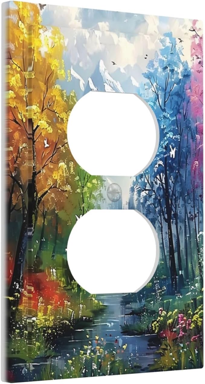 Colorful Forest Snow Mountain River Oil Painting Style Outlet Covers 1 Gang Duplex Light Switch Cover Decorative Switch Plates Electrical Receptacle Faceplate Wall Plate for Bedroom Living Room Decor