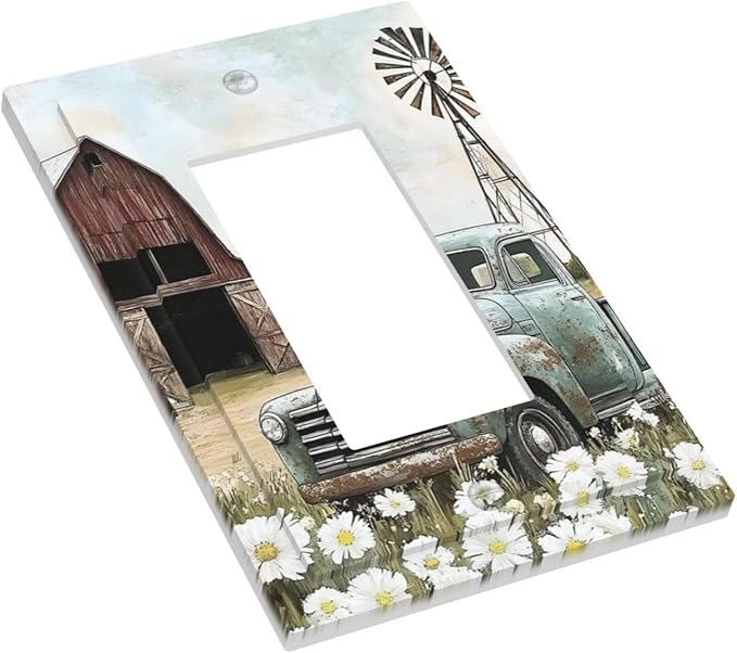 Retro Trucks Old Barn Windmill Teal Car Rustic Decorative Outlet Covers 1 Gang Single Rocker Light Switch Cover Plate Wall Plates GFCI Faceplate for Farmhouse Home Decor