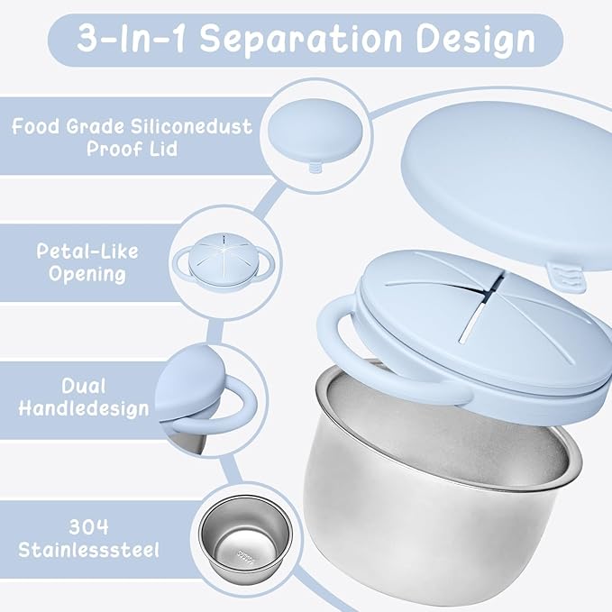 2 Pack Toddler Snack Cups, Baby Stainless Steel Snack Containers for Kids with Spill Proof Food Grade Silicone Lids & Handles 9 OZ No Spill Baby Snack Box for Mess-Free Snacking