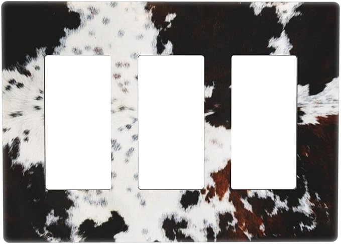 Western Black White Brown Cow Decorative 3 Gang Triple Decorator Light Switch Cover Highland Cowhide Wild Animal Fur Skin Spots Cheetah Leopard Print Three Device GFCI/Rocker Switch Face Wall Plate