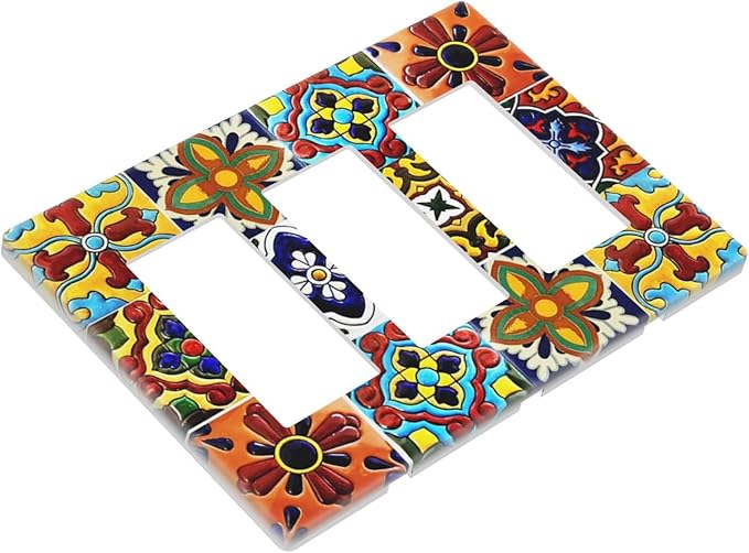 Boho Mexican Moroccan Tile 3 Gang Triple Rocker/Decorator Light Switch Wall Plate Cover Decorative Gfci Electrical Faceplate Switchplate Room Decorate