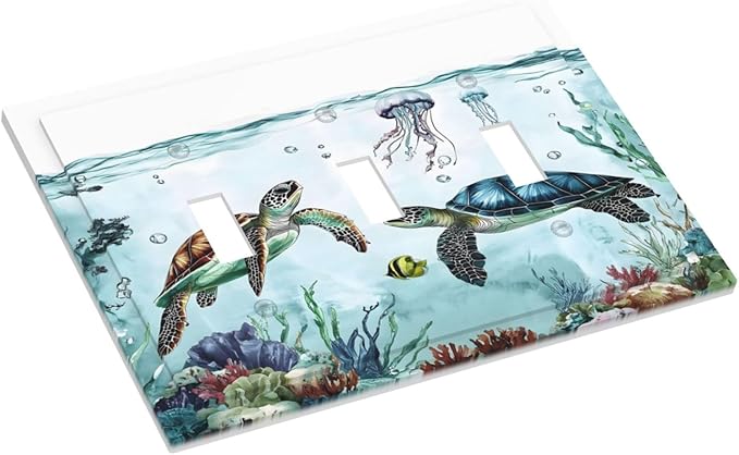 Sea Turtles Sea Coral Seaweed Ocean Jellyfish Decorative Switch Plates 3 Gang Wall Plate Triple Toggle Light Switch Cover Faceplate Electrical Wall Panels for Kids Room Bathroom Decor