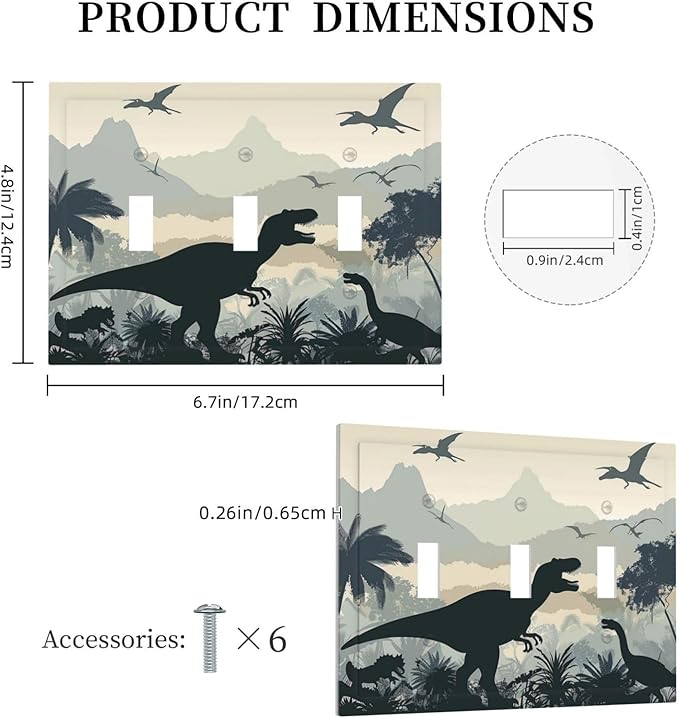 Decorative Switch Plates Prehistoric World Dinosaur Cartoon Fores 3 Gang Wall Plate Triple Toggle Light Switch Cover Faceplate Electrical Wall Panels for Kids Room Nursery Decor