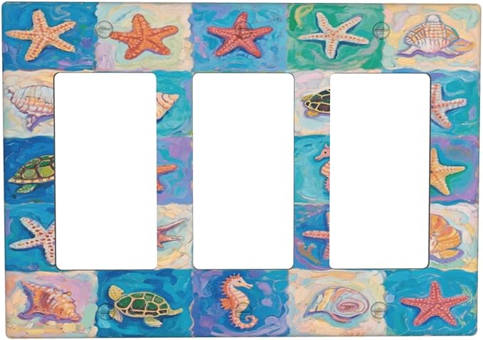 Sea Turtle Starfish Ocean Triple Rocker Wall Plate Decorative 3 Gang Light Switch Covers Electrical Switchplate Home Decorate Faceplat for Bathroom Bedroom Kitchen Room 4.5 x 6.38 Inch