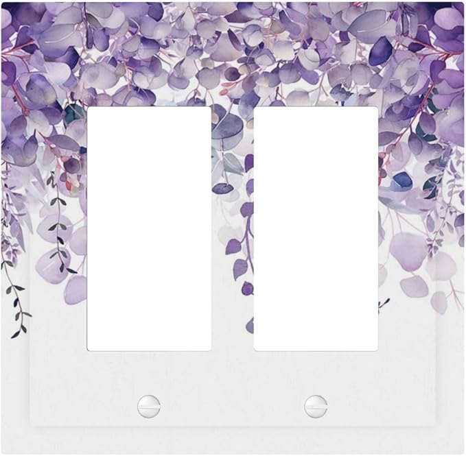 Purple Plants Leaves Eucalyptus Vine Floral Flowers Decorative Outlet Covers 2 Gang Double GFCI Rocker Electrical Wall Panels Light Switch Cover Plate for Bedroom Living Room Decor