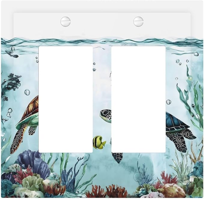 Sea Turtles Sea Coral Seaweed Ocean Jellyfish Decorative Outlet Covers 2 Gang Double GFCI Rocker Electrical Wall Panels Light Switch Cover Plate for Kids Room Bathroom Decor