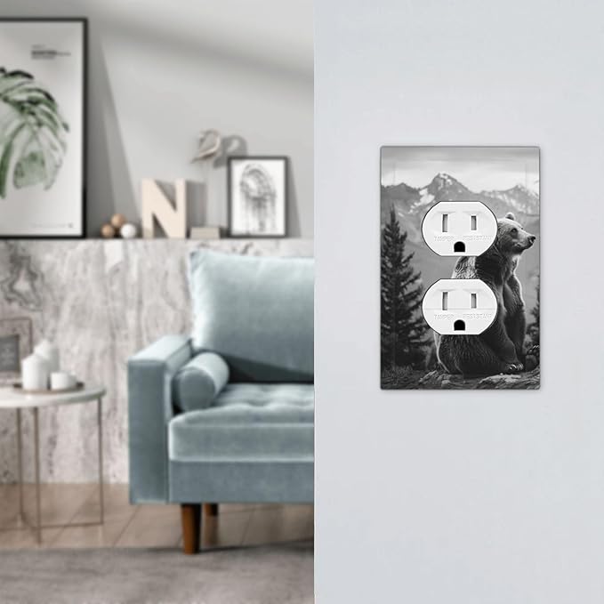Decorative Outlet Covers Black White Bear Mountain Pine Trees Wilderness 1 Gang Duplex Light Switch Cover Plate Electrical Switch plates Wall Plates Receptacle Cover for Bathroom Bedroom Decor