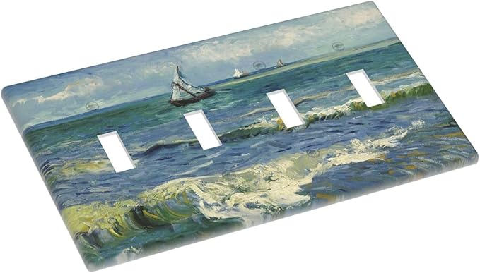 Nautical Ocean Waves Sailboat Painting Blue Sky Light Switch Covers Quad Toggle Electrical Faceplate 4 Gang Wall Plate Decorative Switch Plates Cover for Bathroom Bedroom Decor