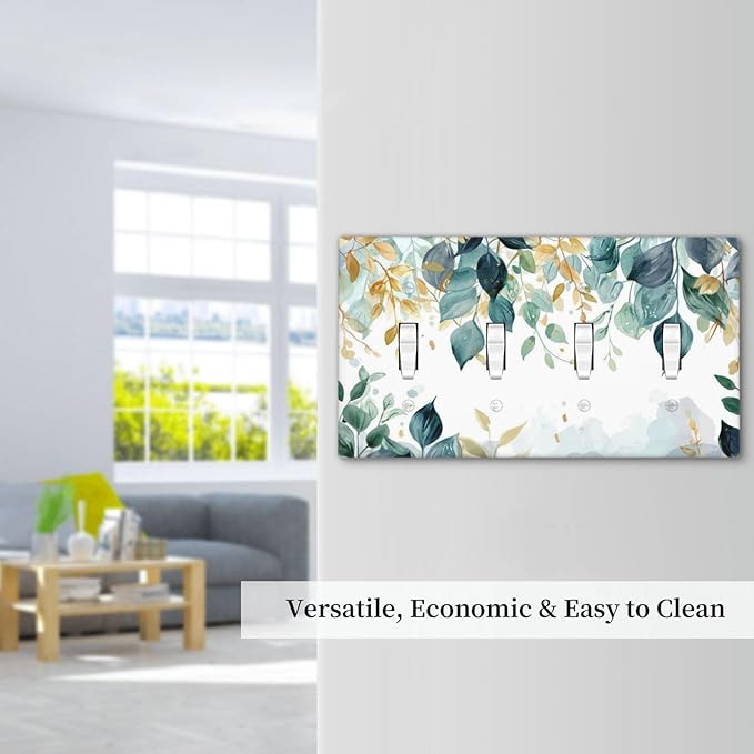 Boho Goldgreen Leaf Botanical Eucalyptus Leaves Light Switch Covers Quad Toggle Electrical Faceplate 4 Gang Wall Plate Decorative Switch Plates for Bedroom Living Room Decor