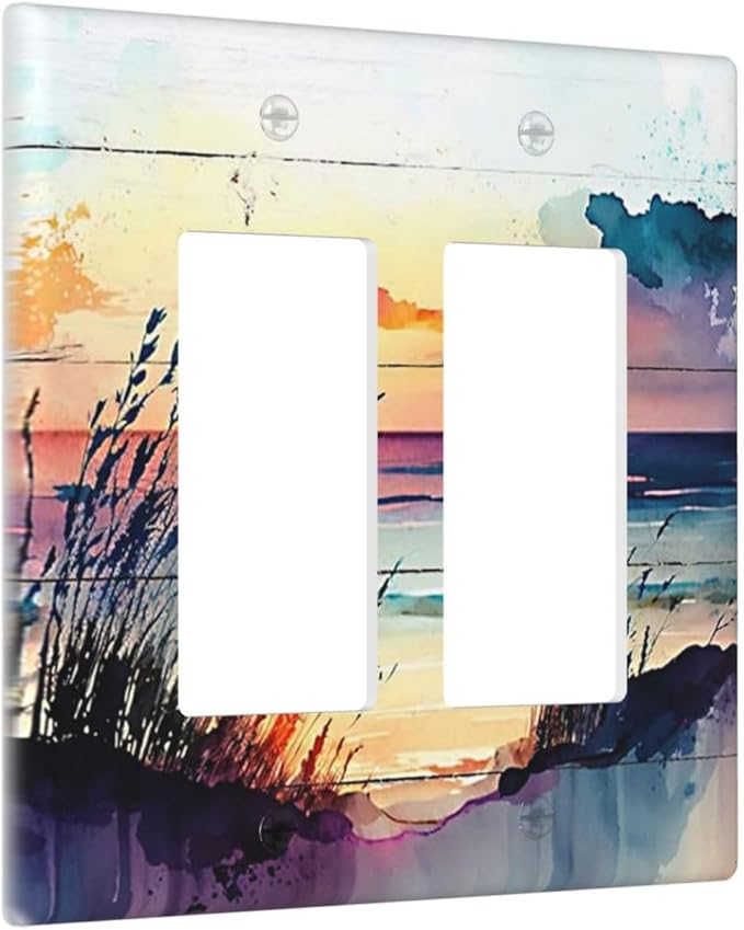 Outlet Covers Sunset Beach Abstract Watercolor 2 Gang Wall Plate Double Rocker Light Switch Cover Nature Coastal Decorative GFCI Receptacle Cover Electrical Switchplate for Home Decor