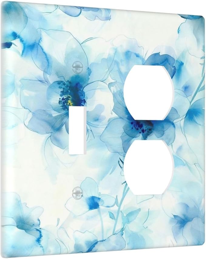 Watercolor Flower Blue White Large Floral Leaf Plants Wallplates 1 Toggle 1 Duplex Switch Plate Electrical GFCI Faceplate Decorative Light Switch Covers for Bedroom Living Room Decor