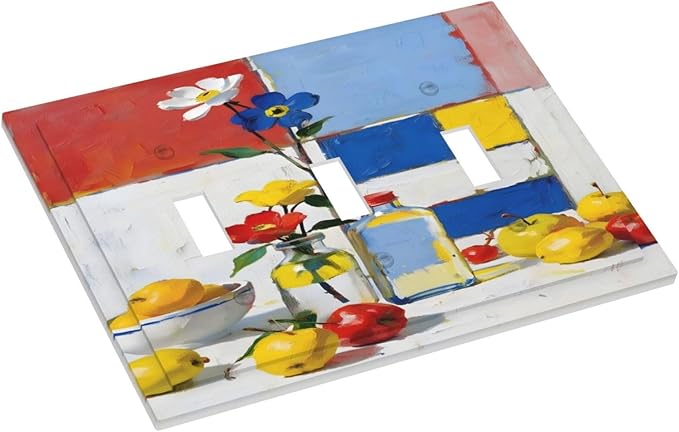 Color Block Floral Still Life Art Red Yellow Blue Abstract Decorative Switch Plates 3 Gang Wall Plate Triple Toggle Light Switch Cover Faceplate Electrical Wall Panels for Farmhouse Bedroom Decor