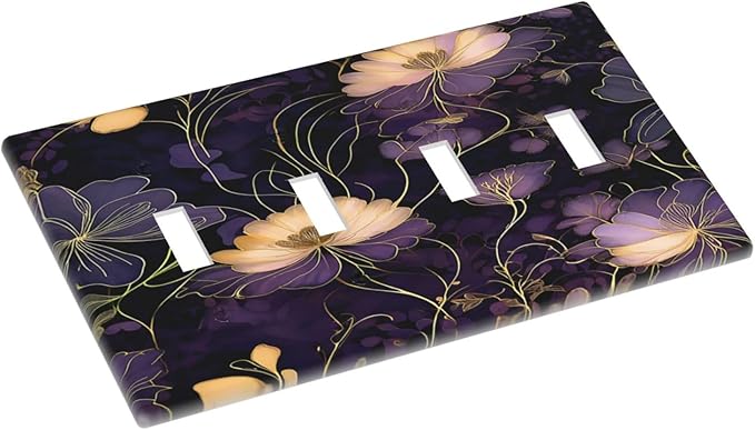 Modern Boho Vintage Gold Purple Dark Floral Modern Abstract Flowers Light Switch Covers Quad Toggle 4 Gang Wall Plate Decorative Switch Plates Electrical Faceplate for Bedroom Living Room Decor