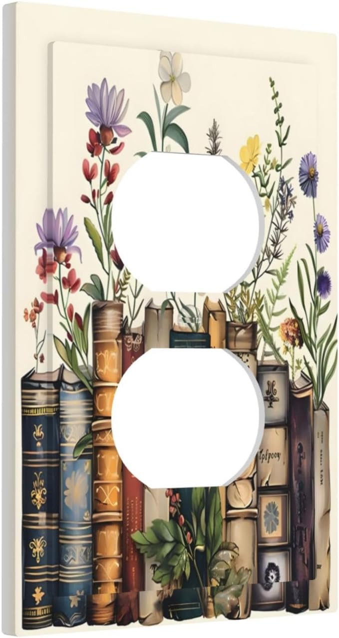 Plant Floral Books Colorful Flower Outlet Covers 1 Gang Duplex Light Switch Cover Decorative Switch Plates Electrical Receptacle Faceplate Wall Plate for Kids Room Bedroom Decor