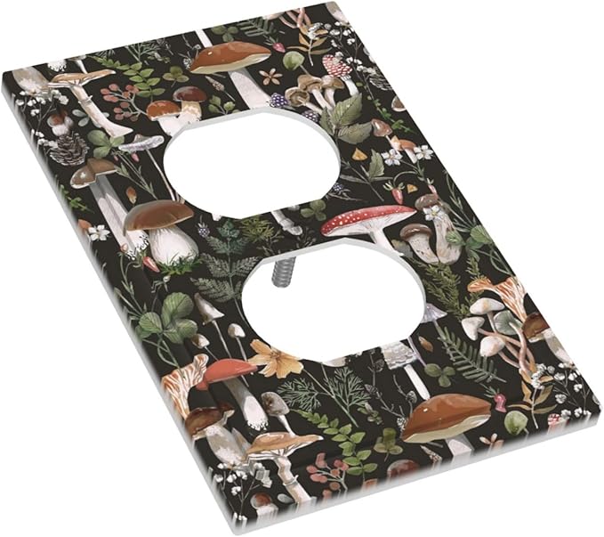 Vintage Gothic 60S Black Boho Mushroom 1 Gang Duplex Wall Plate Receptacle Outlet Covers 70s Plant Fungus Forest Botanical Decorative Electrical Dual Device Light Switch Plug Socket Faceplate Cover