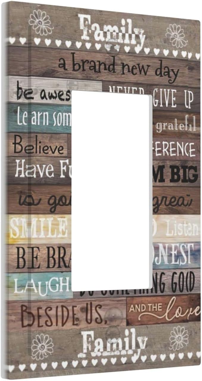 1 Gang Single GFCI/Decorator Rocker Outlet Light Switch Wall Plate Cover Rustic Vintage Country Family Home Inspirational Quotes Rule Cabin Barn Wood Decorative One Device Electrical Faceplate Dimmer