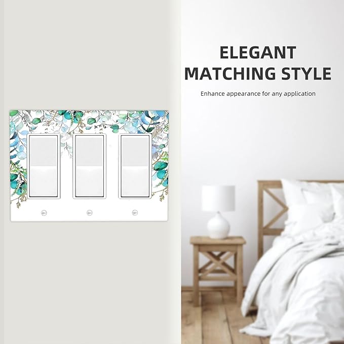 Decorative Outlet Covers Bohemian Green Eucalyptus Leaf Pine Leaves 3 Gang Wall Plate Triple Rocker Switch Light Switch Plate Covers Jumbo Electrical GFCI Switch Cover Plate