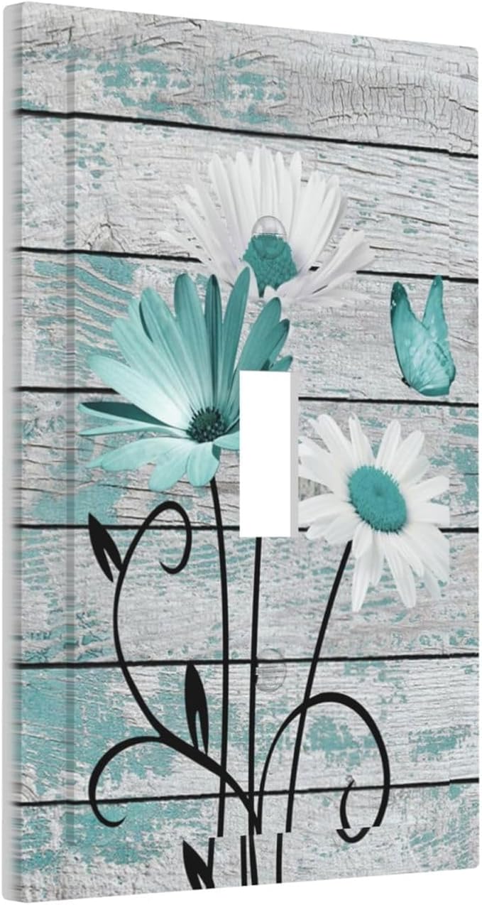 Teal White Daisy Flower Butterfly On Rustic Wood Board Decorative Light Switch Cover 1 Gang Single Toggle Device Electrical Faceplate Switchplates Decorator Outlet Wall Plate for Farmhouse Bedroom