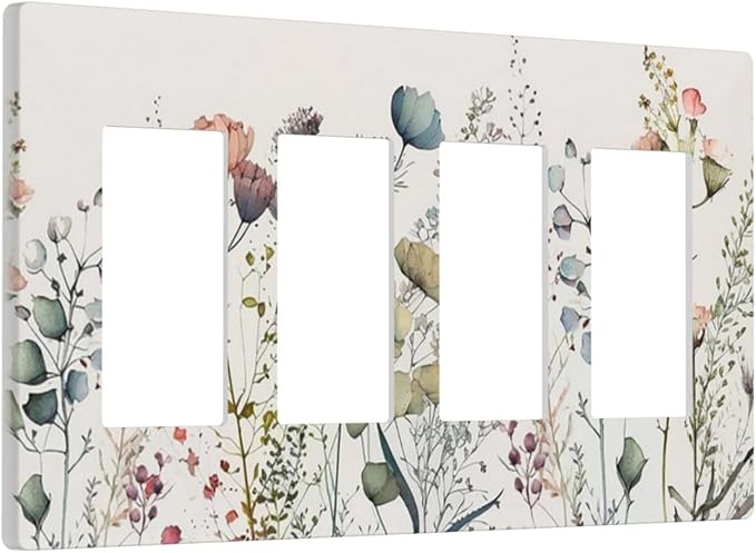 Beige Wild Flower Floral Blossom 4 Gang Quad Rocker Light Switch Cover Decorative Quadruple Device GFCI/Decorator Wall Plate Electric Faceplate Screwless