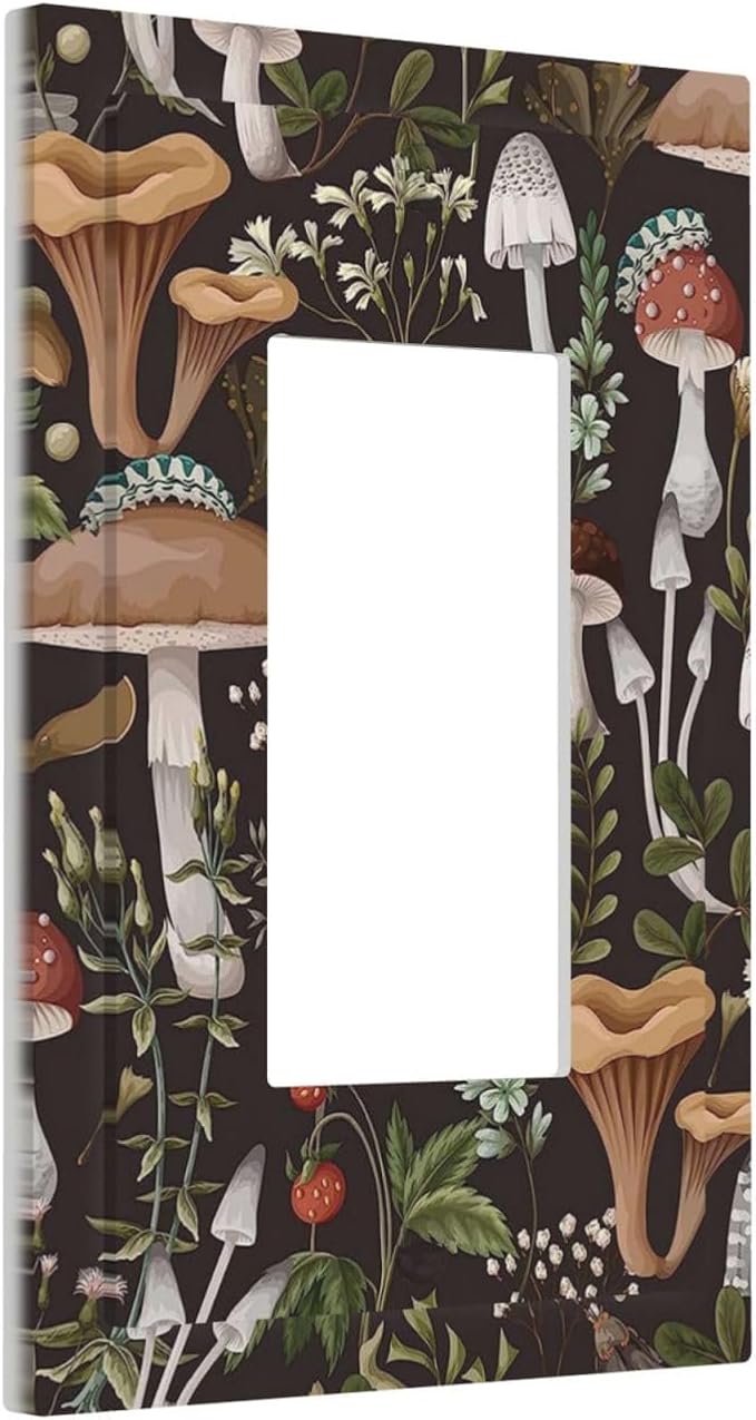 1 Gang Electrical Decora/GFCI Device Wallplate Funky Retro Vintage 70s 60s Boho Hippie Mushroom Botanical Floral Single Decorator Rocker Outlet Light Switch Cover Electrical Faceplate Dimmer