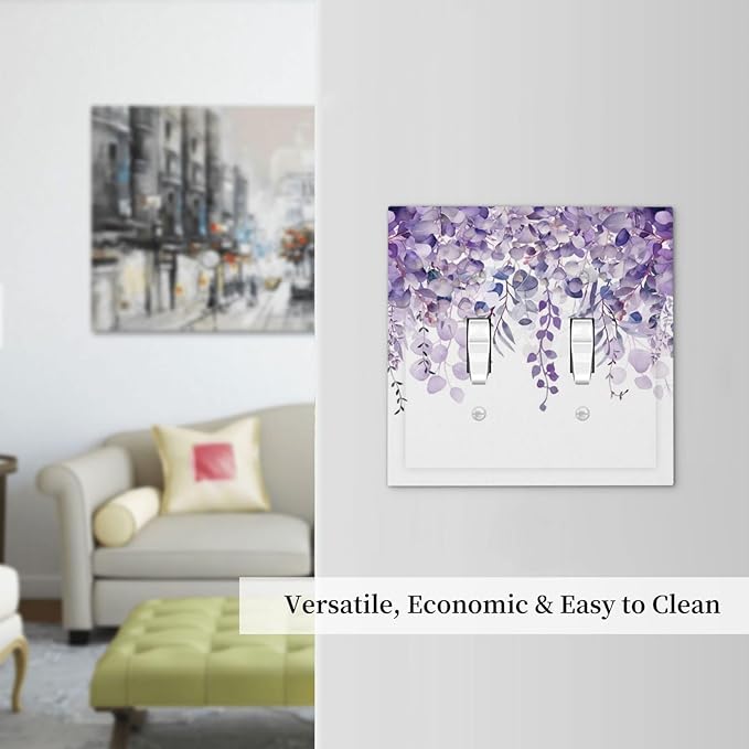 Purple Plants Leaves Eucalyptus Vine Floral Flowers Decorative Switch Plates 2 Gang Double Toggle Outlet Light Switch Cover Wall Plate Electrical Faceplate for Bedroom Living Room Decor